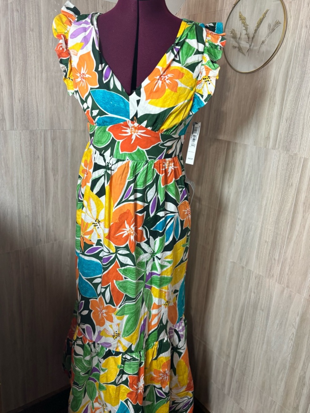 Maggy Londonfloral Ruffle V-Neck Maxi Dress In Multicolor Nwt